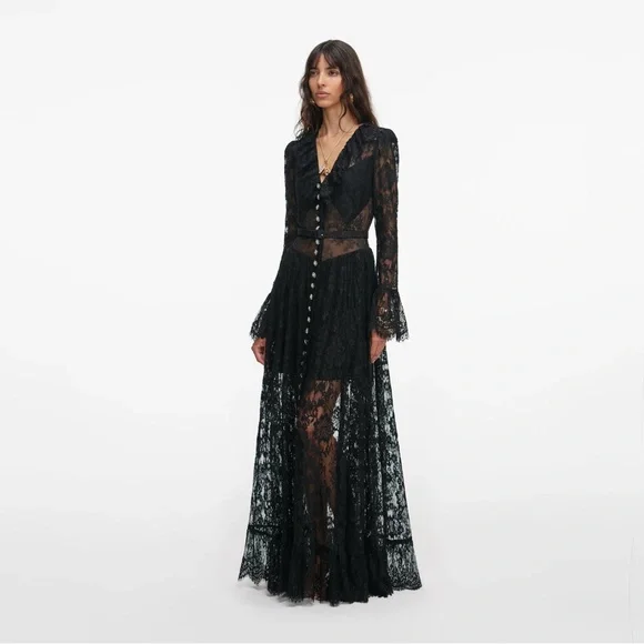 Self Portrait BLACK LACE RUFFLE MAXI DRESS $970 New with tag - Picture 8 of 15